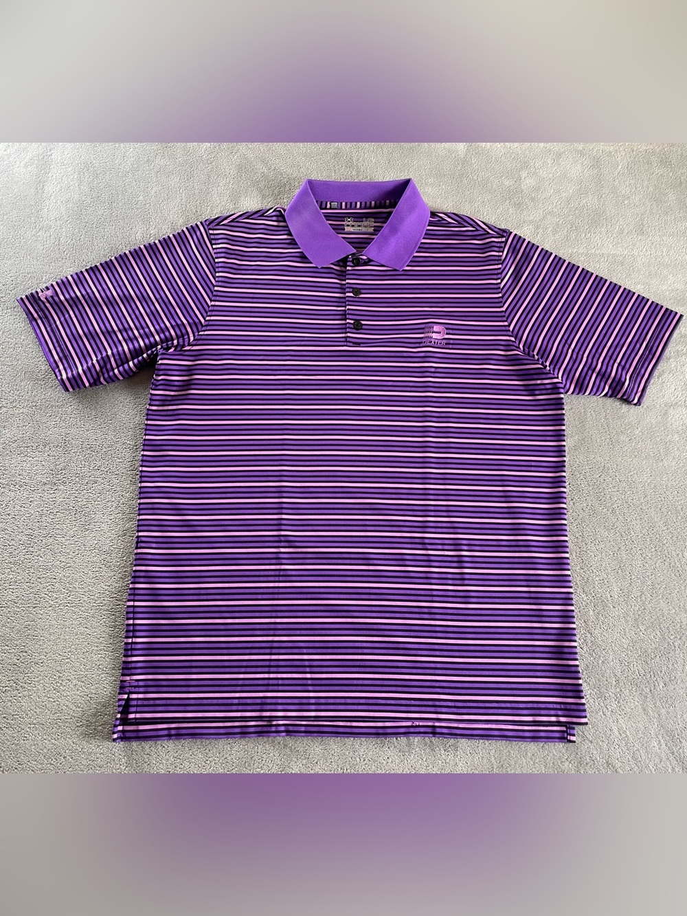 Under Armour Mens Large Polo Shirt Purple Striped Dexter Embroidered Logo